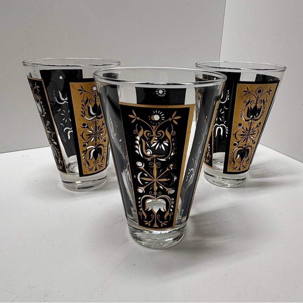 Set of 3 vintage 50s Dominion Glass black and gold ornate flared hi ball glasses